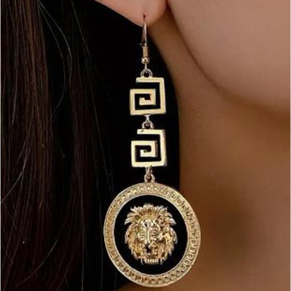 Gold-tone and Black Lion head Earrings